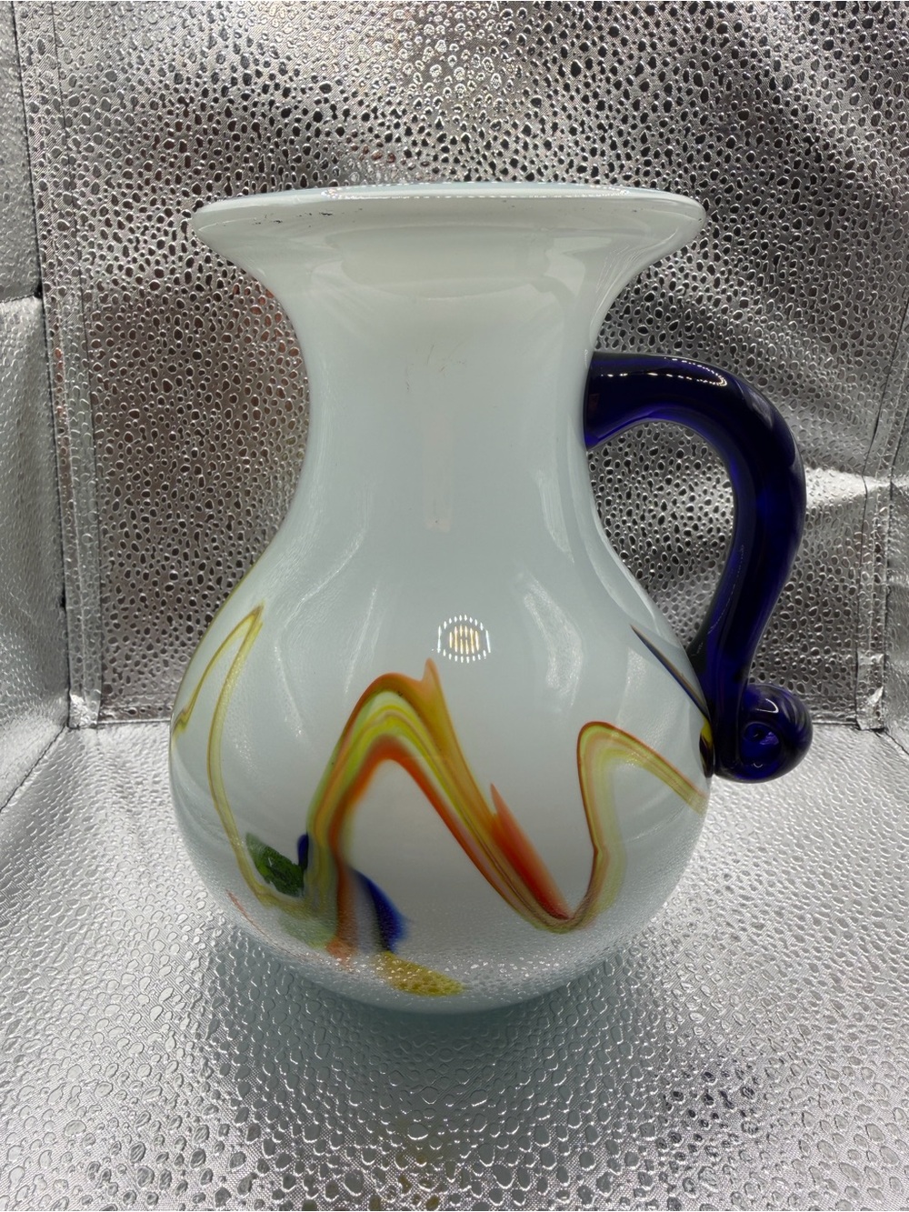 Blown Glass Vase Pitcher White Multi Color Abstract Swirls Cobalt Blue Handle